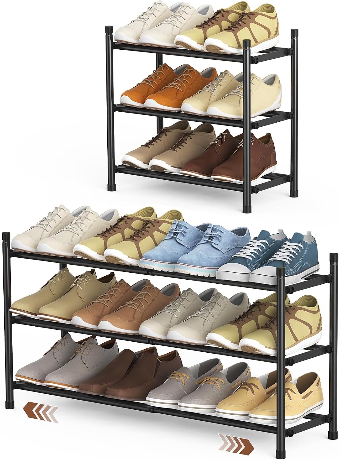 Uneviesyka Expandable Shoe Rack, 2 Tier Shoe Rack for Closet, Stackable Adjustable Standing Metal Shoe Shelf Organizer Storage, Small Shoe Racks for Front Door Entrance、Entryway(Black)