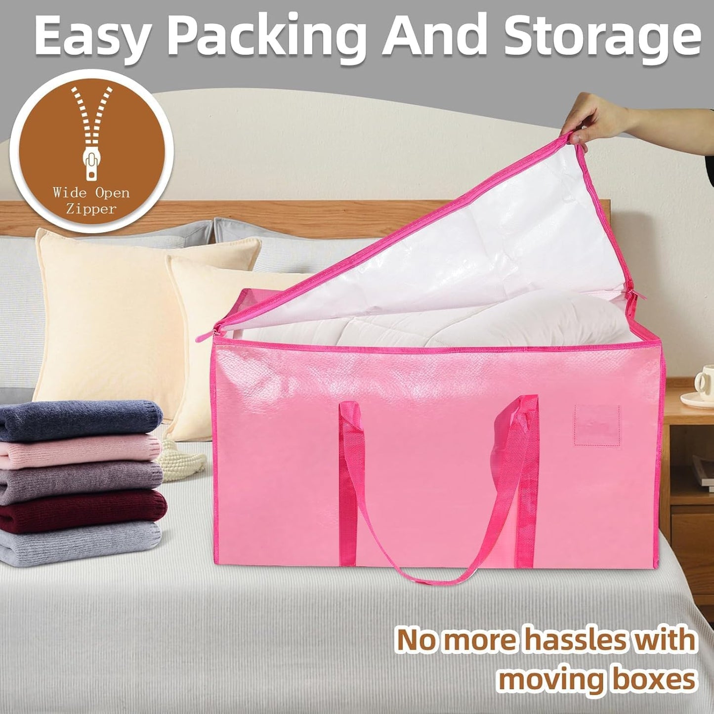 8 Pack-Extra Large Heavy Duty Moving Bags - Waterproof Storage Totes with Handles & Zippers, Foldable for College Dorm, Storage (Clear)