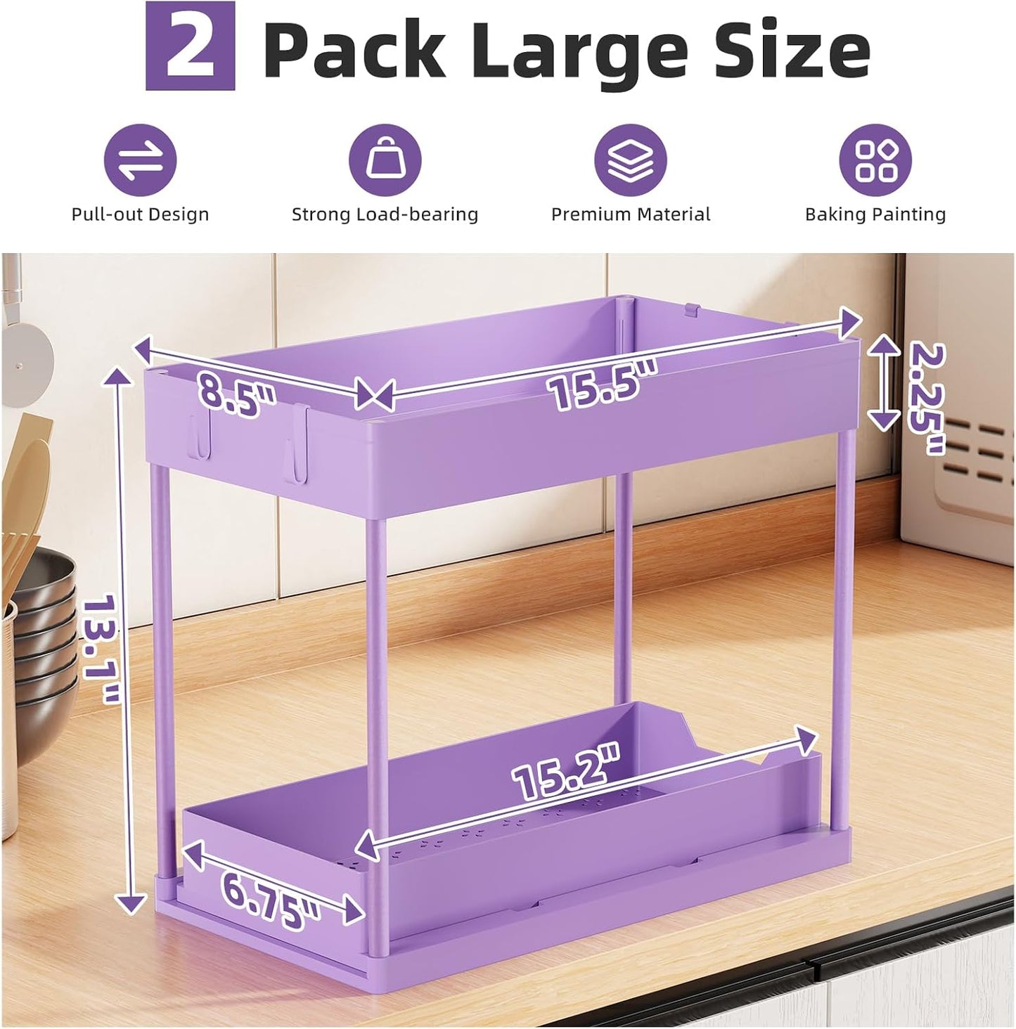 Simple Trending Under Sink Organizer 2 Pack, Sink Pull-Out Sliding Storage Cabinet, 2-Tier Under Shelf Organizer for Kitchen Bathroom, Black