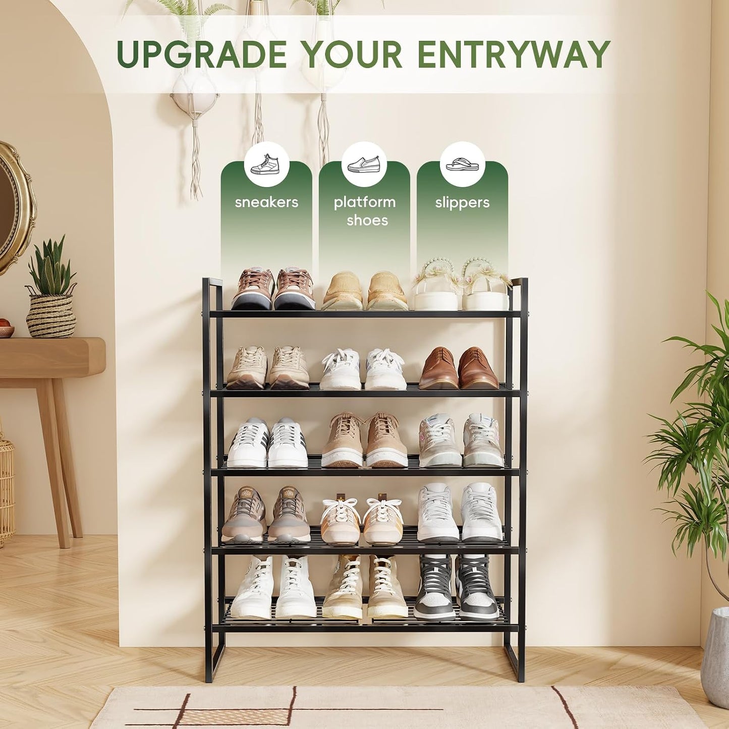 5-Tier Wide Shoe Rack, Metal Shoe Organizer for Closet, Stackable Freestanding Shoe Storage Shelf with Sturdy Wire Grid, Large Capacity Durable Shoe Rack for Entryway Bedroom, Black
