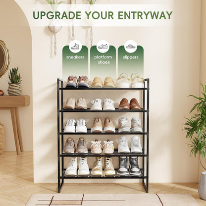 5-Tier Wide Shoe Rack, Metal Shoe Organizer for Closet, Stackable Freestanding Shoe Storage Shelf with Sturdy Wire Grid, Large Capacity Durable Shoe Rack for Entryway Bedroom, Black