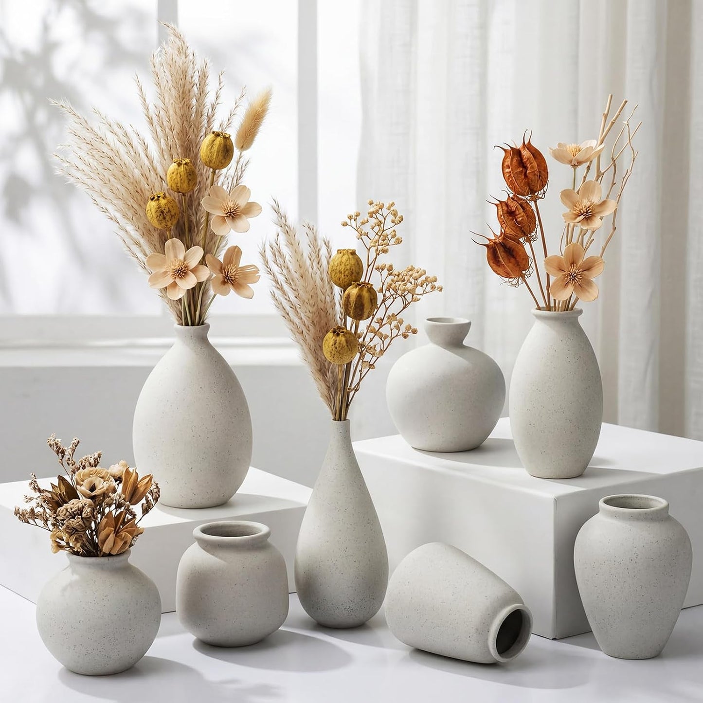 8 Pcs Bud Vases Small Ceramic Vase Modern Farmhouse Home Decor Mini Ceramic Decor for Dining Tables Living Rooms Shelves Bookshelves (Classic)