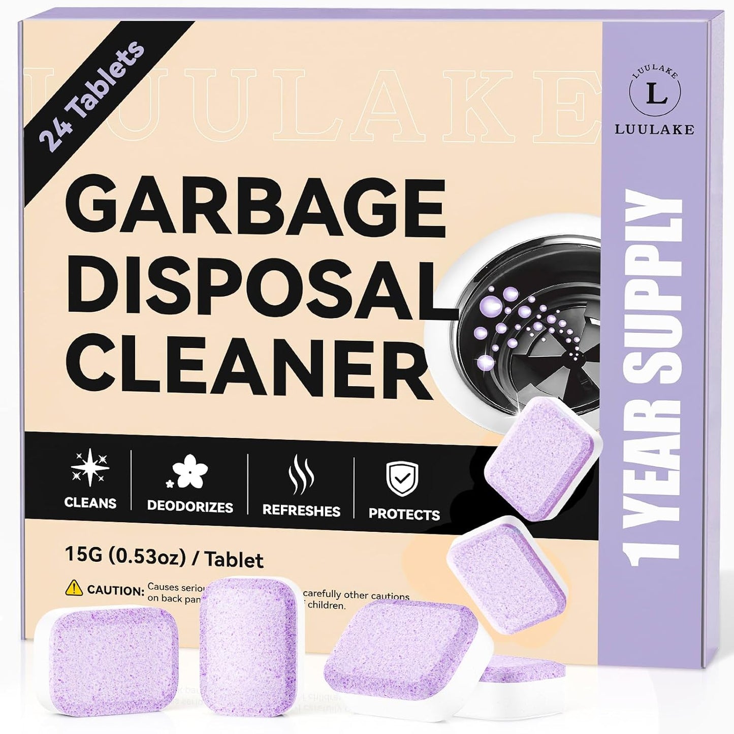 Garbage Disposal Cleaner Deodorizer Tablets - 24 Pack Powerful XL Sink Disposal Cleaner Foaming Tablet, Lavender Foam Garburator Disposer Freshener, Natural Kitchen Drain Cleaning Care, 1 Year Supply