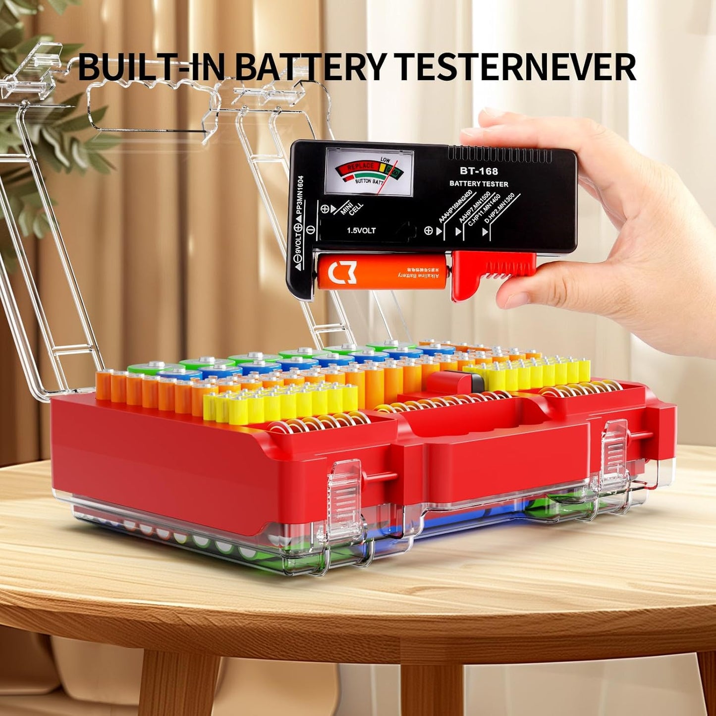 Molutsody Battery Organizer Box with Tester, Storage Case Holds 260 Batteries, Double Clear Locking Lid for AA AAA C D 9V - Red (Batteries Not Included)