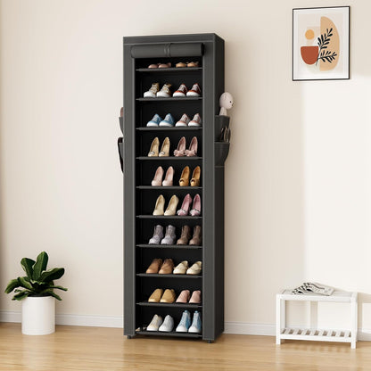 ROJASOP 10 Tier Shoe Rack with Covers,Large Capacity Stackable Tall Shoe Shelf Storage to 50-55 Pairs Shoes and Boots Sturdy Metal Free Standing Shoe Rack Organizer for Closet Entryway Garage