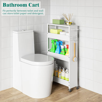 XYZLVSI Slim Storage Cart, Narrow Kitchen Rolling Cart for Small Spaces | 5.9" W skinny storage cart, 12.4" bottom metal utility cart with 360° swivel wheels for bathroom/laundry, slim shelf, white