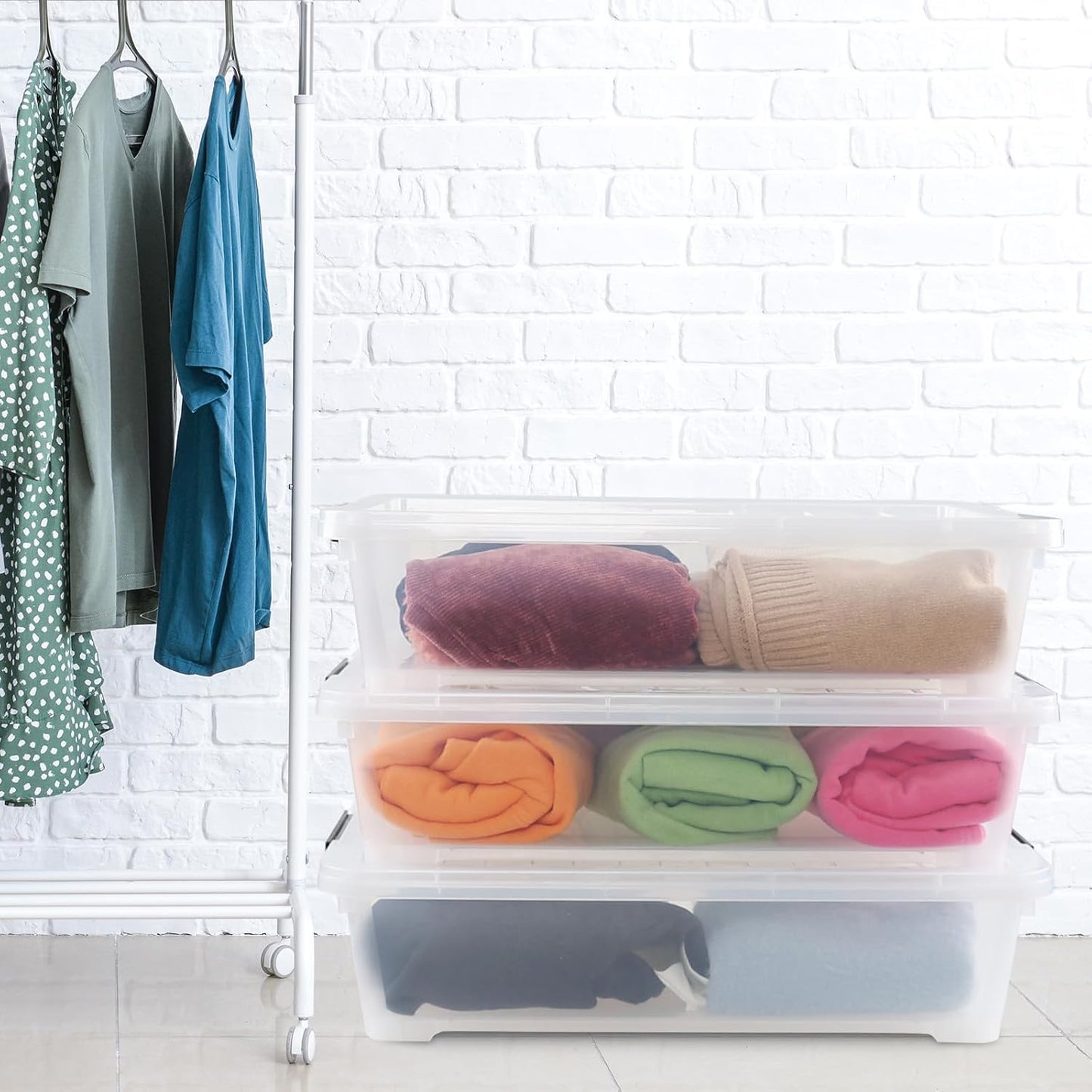 Gloreen 3 Pack Large Under Bed Storage Boxes with Wheels, 50 Quart Clear Plastic Lidded Storage Bins