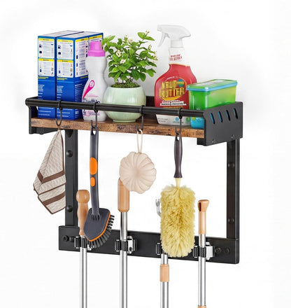Broom Holder Wall Mount with Shelf,Broom Hanger,3 in 1 Broom and Mop Organizer Wall Hanging for Laundry,Garage,Utility,Broom Rack,Vacuum Stand Alternative,Cleaning Supplies Organizer Storage,White,L