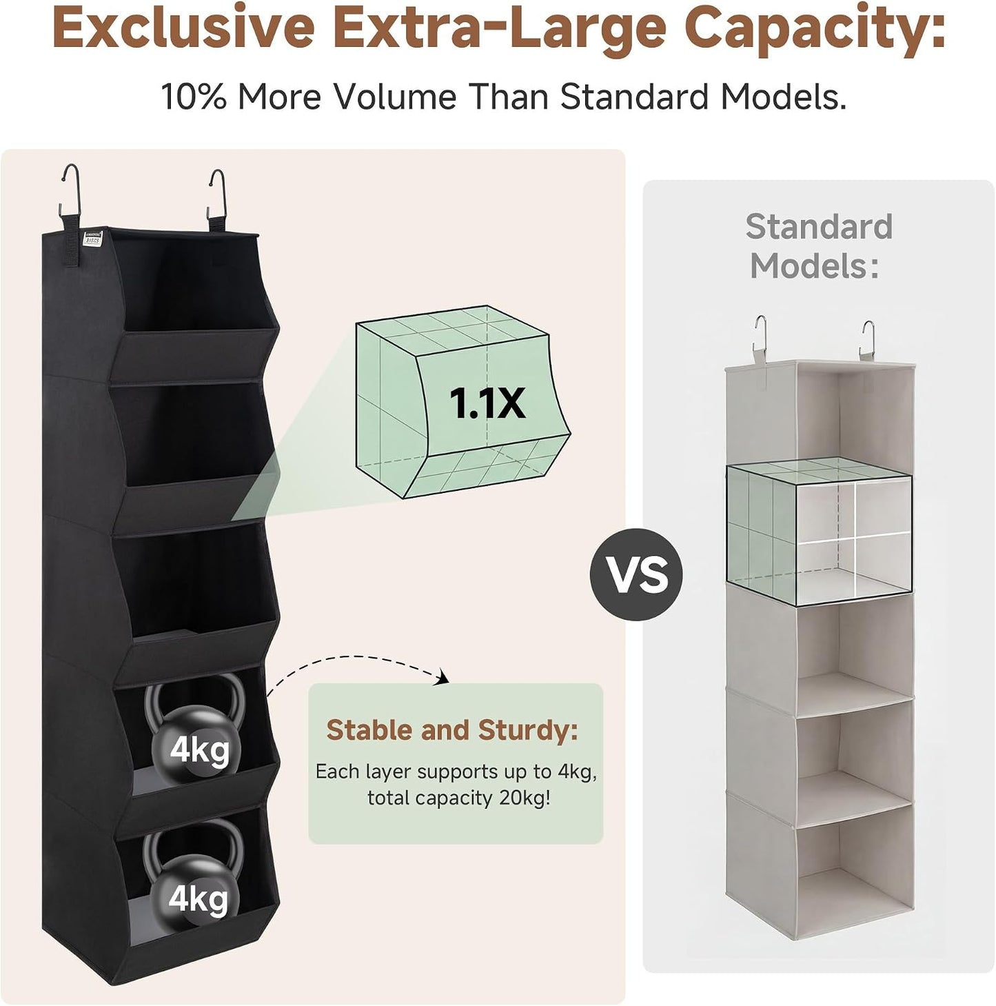 StorageWorks Basics Hanging Closet Organizer, 4-Shelf Wide Trapezoid Closet Shelves with Reinforced Anti-Sagging Support for Sweaters, Hoodies and Handbags, Foldable Storage Organizer, Beige