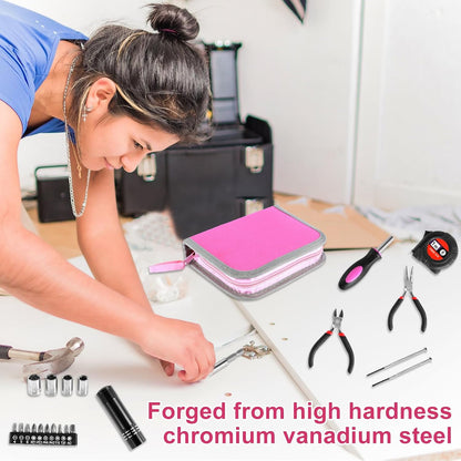 23Pcs Pink Tool Set for Women, Home Repairing Tools Kit Women, Multifunctional Pink Home Hand Tool Set with Storage Bag, Portable Women Repair Tool Combination Set