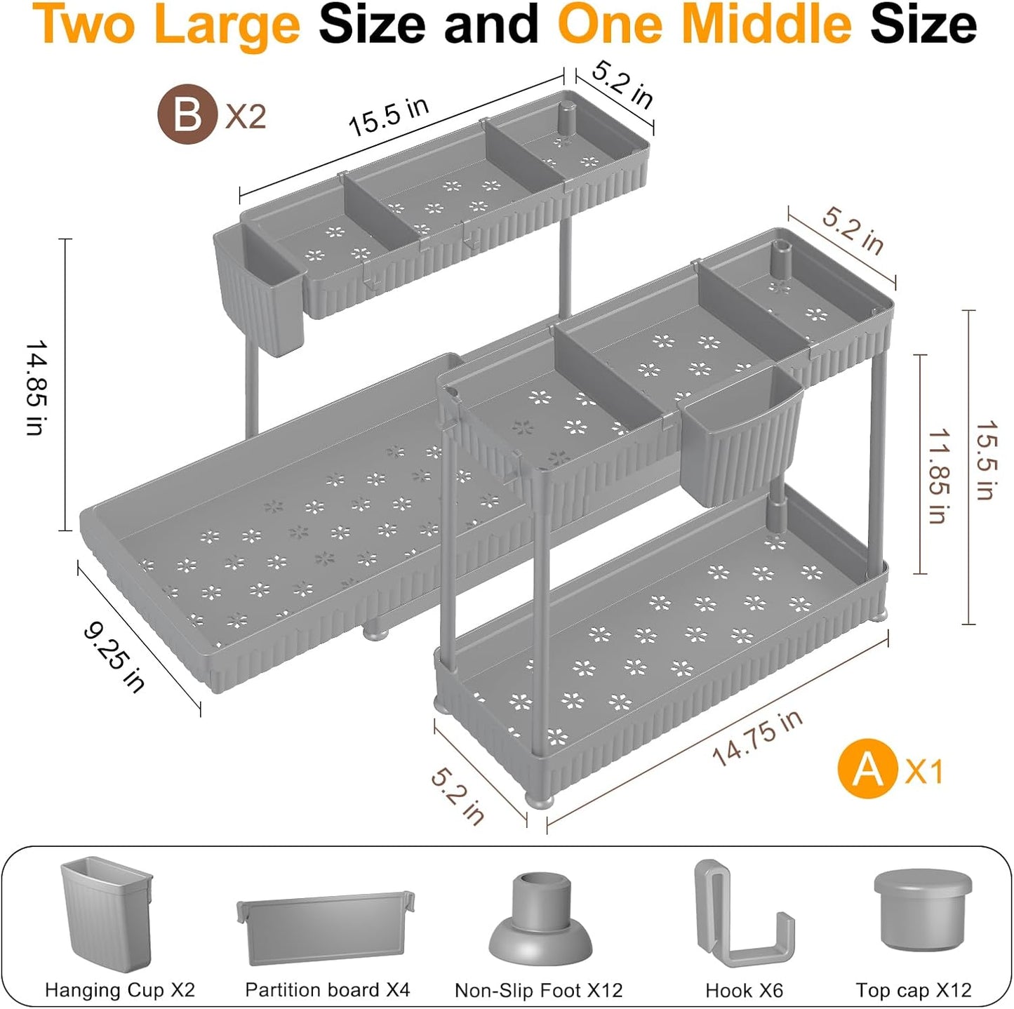 Sevenblue 3 Pack Multi-Purpose Pull-Out Storage Organizers, 2-Tier L-Shaped Under Sink/Cabinet Organizers and Storage for Bathroom & Kitchen, (Black, 12.85 Inches)