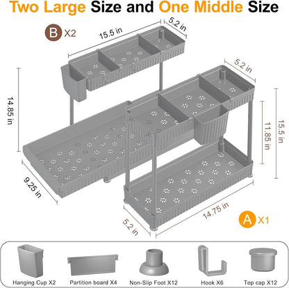 Sevenblue 3 Pack Multi-Purpose Pull-Out Storage Organizers, 2-Tier L-Shaped Under Sink/Cabinet Organizers and Storage for Bathroom & Kitchen, (Black, 12.85 Inches)