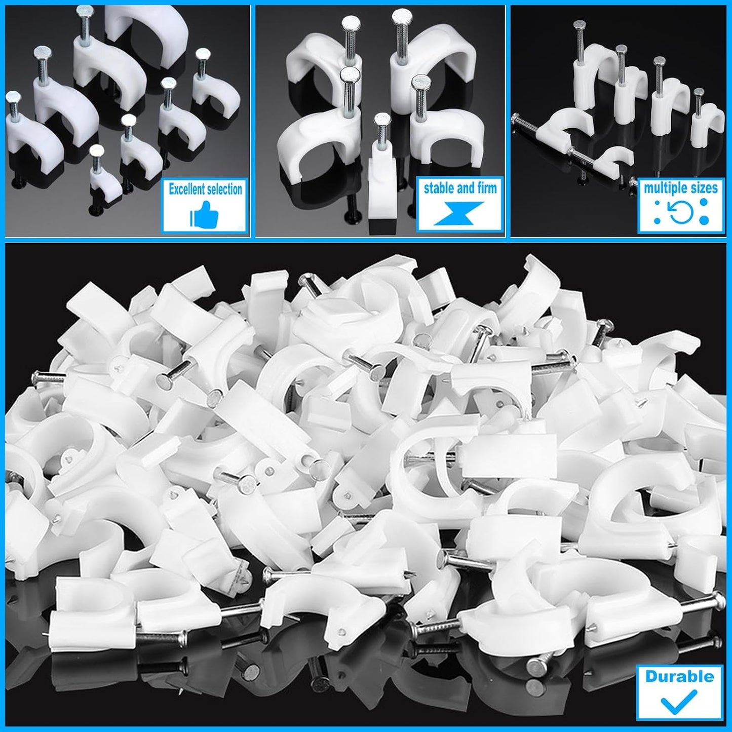 400 Pcs Cable Clips 4/6/8/10mm Nail in Cable Clips with Steel Ethernet Cable Clips Cable Wire Clips Cable Tacks Cable Nails Speaker Wire Clips Coaxial Cable Staples RG6 RG59 CAT6 RJ45 Wire Wall Clips