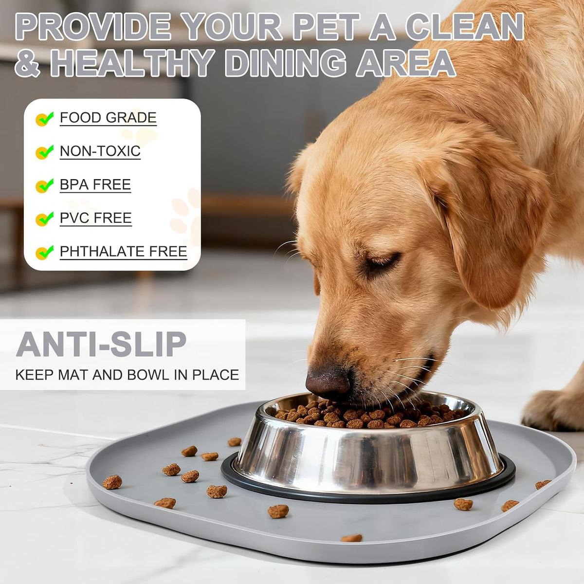 SMILOOL Silicone Pet Food Mat with Raised Edge for Food and Water Bowl, Dog Feeding Mats, Cat Food Trays for Floor Waterproof, Rubber Tray for Dogs and Cats, 19 x 12 x 0.7 Black