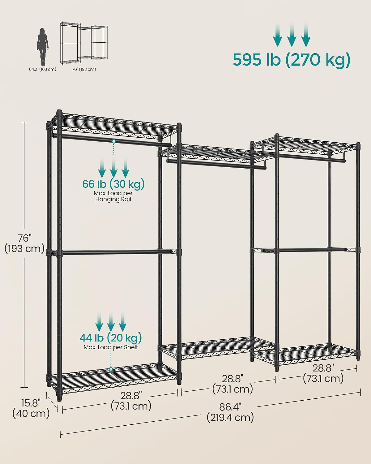 SONGMICS Heavy-Duty Clothes Rack, Garment Rack, Portable Closet, 68.7-Inch Wide Clothing Rack with Adjustable Mesh Shelves and Hanging Rails, Ink Black ULGR433B01