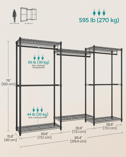 SONGMICS Heavy-Duty Clothes Rack, Garment Rack, Portable Closet, 68.7-Inch Wide Clothing Rack with Adjustable Mesh Shelves and Hanging Rails, Ink Black ULGR433B01