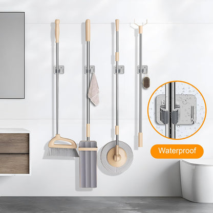 4 Pack Stainless Steel Mop and Broom Gripper with Hook, Screw Drilling or Self Adhesive Mop and Broom Holder Wall Mount, Storage Rack for Closet Laundry Garage Garden Tool Organizer, Silver
