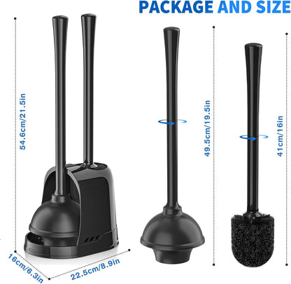 LOVLOY Toilet Plunger and Brush, Bowl Brush and Heavy Duty Toilet Plunger Set with Ventilated Holder, 2-in-1 Toilet Brush and Plunger Combo for 5.3-inch Toilet Drain Bathroom Cleaning (Black)