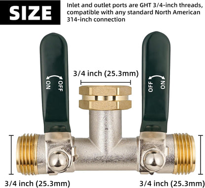 Hose Splitter 2 Way, Brass High Flow Garden Hose Splitter Heavy Duty, Hose Connector, Water Spigot Splitter, Full Flow Faucet Splitters with shutoff, 3/4” GHT Inlet