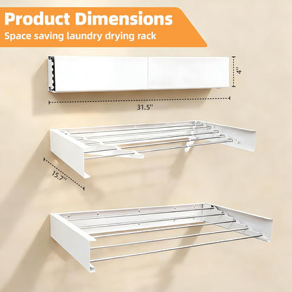 Wall Mounted Clothes Drying Rack 32", Collapsible Space Saving Laundry Drying Rack with 50 lb Capacity, Laundry Room Organization for Clothes, Foldable, 5 Rods, White
