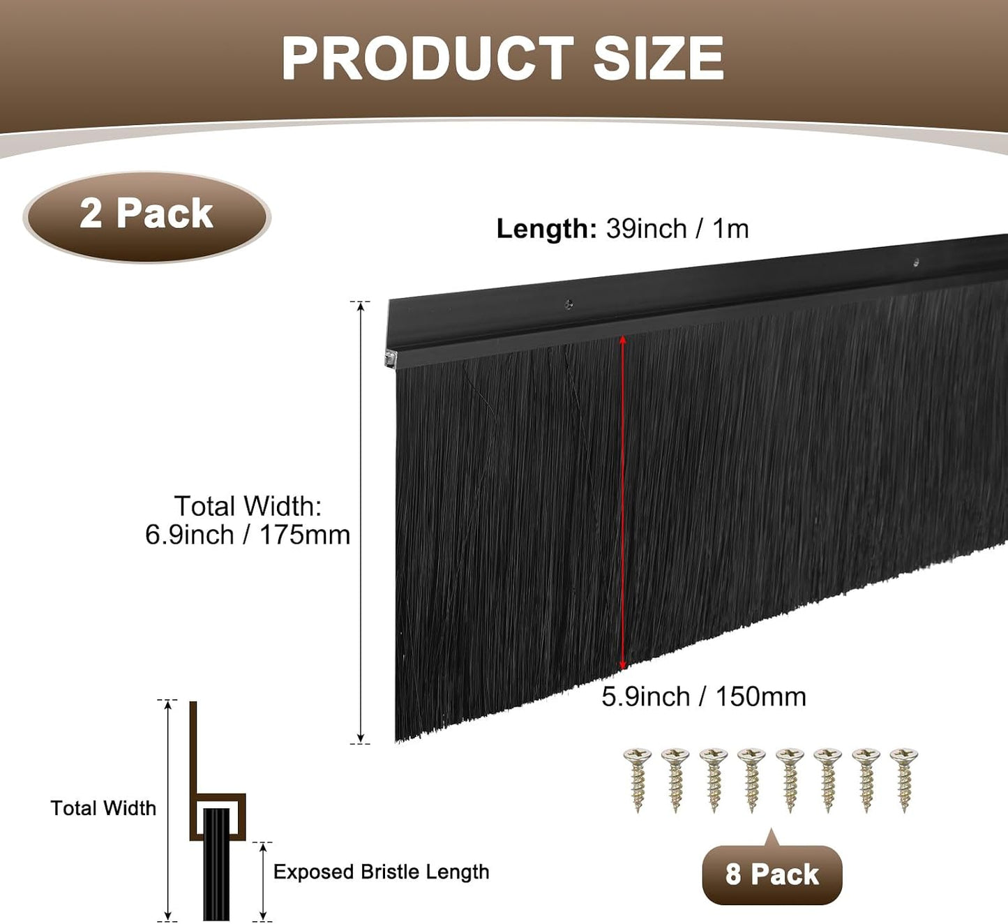 M METERXITY 2Pack Door Sweep - 39" Door Bottom Brush Heavy Duty Seal Draft Stopper Aluminum Base with 50mm Brush, Adhesive/Screw Installation for Interior/Exterior/Garage/Sliding Doors, Black