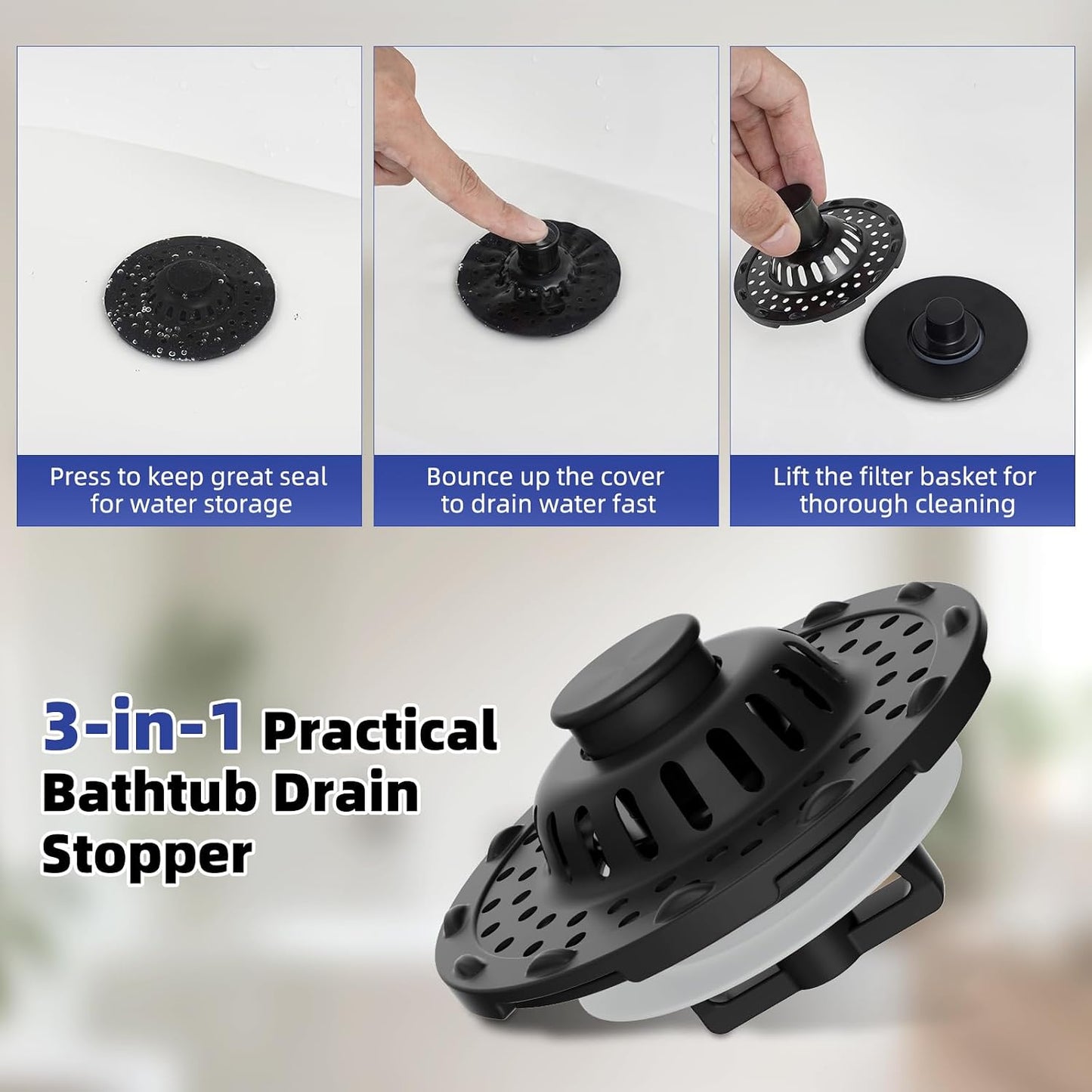 Universal Bathtub Drain Stopper Shower Drain Hair Catcher, Tub Stopper with Visible Top Strainer, Upgraded 3 in 1 Pop-up Drain Plug Fit for 1.5 to 2.4" Hole, Stainless Steel Filter Basket, Chrome