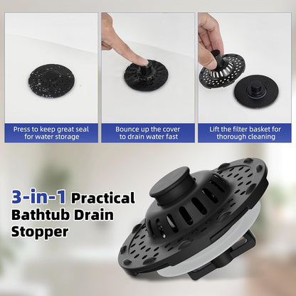 Universal Bathtub Drain Stopper Shower Drain Hair Catcher, Tub Stopper with Visible Top Strainer, Upgraded 3 in 1 Pop-up Drain Plug Fit for 1.5 to 2.4" Hole, Stainless Steel Filter Basket, Chrome