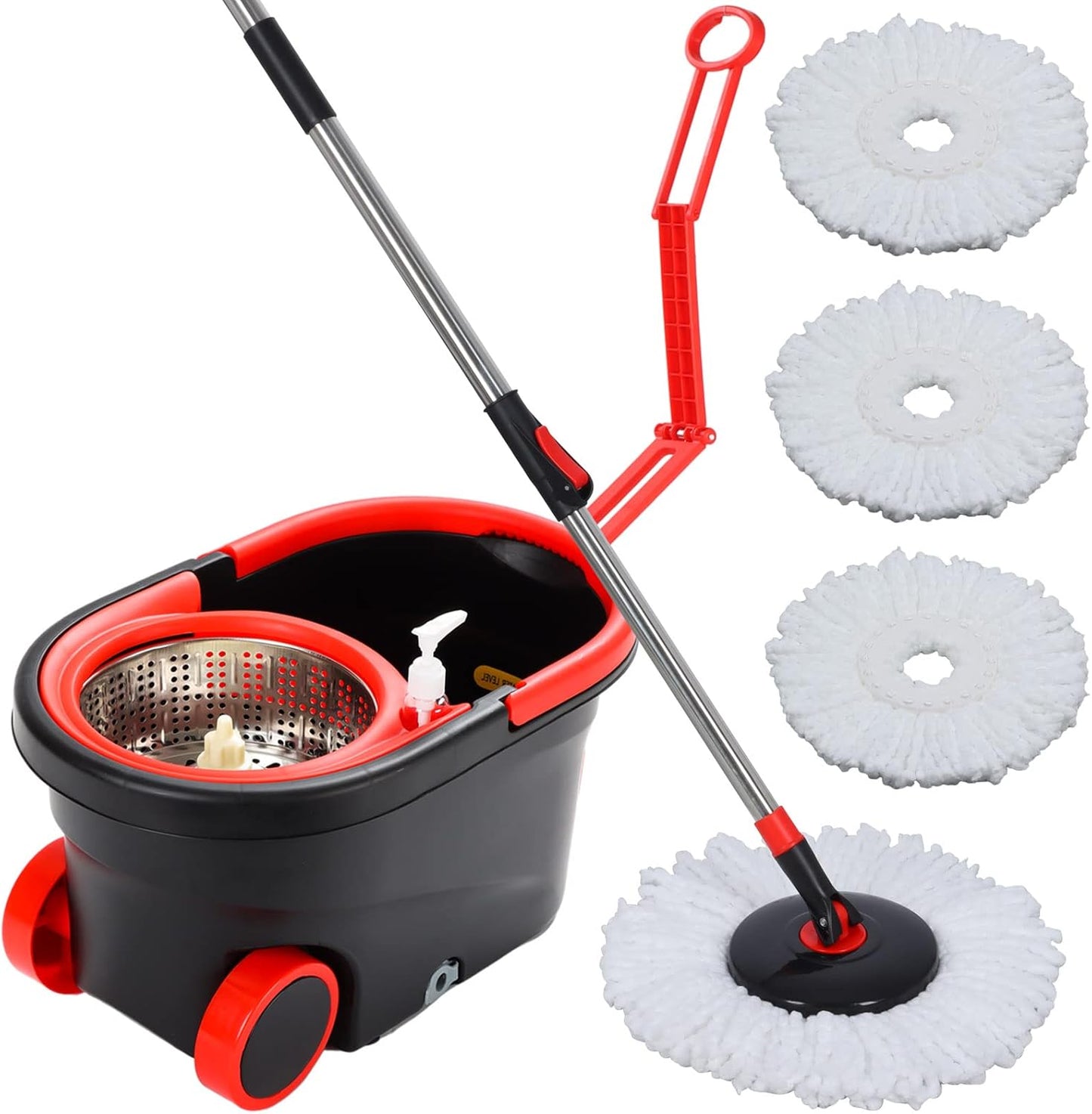 Spin Mop and Bucket with Wringer Set, 360° Spinning Mop Bucket System with 3 Microfiber Mop Replacement Heads and 50" Stainless Steel Adjustable Handle for Floor Cleaning