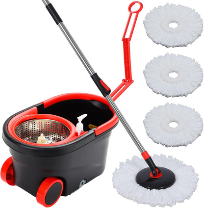 Spin Mop and Bucket with Wringer Set, 360° Spinning Mop Bucket System with 3 Microfiber Mop Replacement Heads and 50" Stainless Steel Adjustable Handle for Floor Cleaning