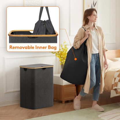 Lifewit 120L Laundry Basket with Lid, Clothes Hampers for Laundry with Bamboo Handles and 2 Removable Bag, Large Foldable Laundry Hamper for Bedroom, Bathroom, Dorm, Laundry Room, Beige