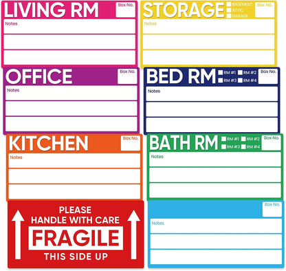 6 x 3 Inches Large Removable Moving Labels for Boxes, 180 Pack 8 Color Coded Moving Stickers for 3-4 Bedroom House, Waterproof Tear Resistant with Fragile & Blank Customizable Labels