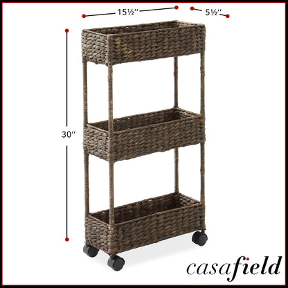 Casafield 3-Tier Rolling Storage Cart - Natural, Water Hyacinth Nursery Caddy, Utility Cart for Bathroom, Craft Room, Laundry Room Organization