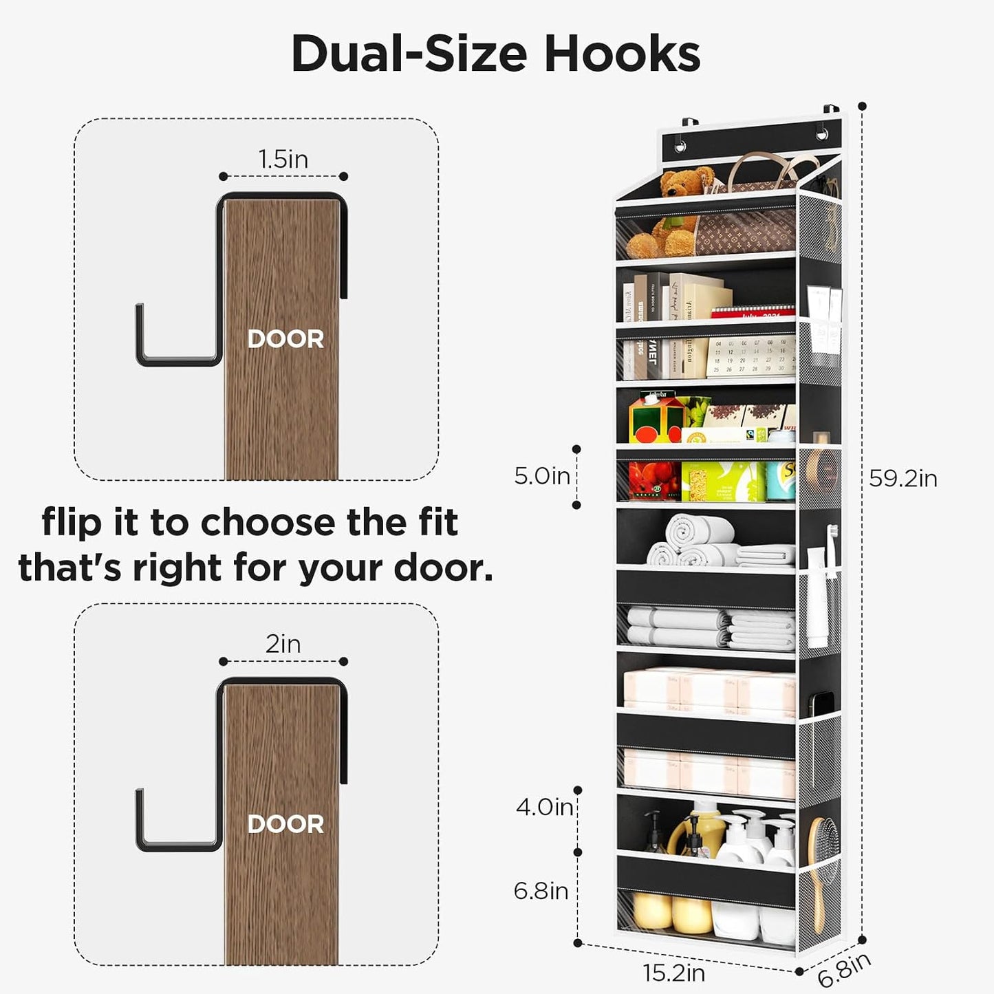 6 Tiers Over The Door Organizer, Heavy Duty Hanging Organizer Storage with Large Capacity Pockets, Behind Door Storage Hanging Shelves for Closet Wall Bathroom Bedroom Nursery Pantry, 1 Pack Grey