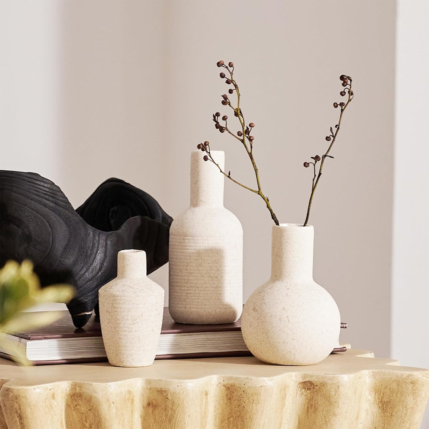 DN DECONATION Flower Vase Set of 3, Small Ceramic Vase Farmhouse Home Decor | Rustic Vases for Pampas Grass Dried Fresh Flowers, Living Room, Kitchen, Bedroom, Bathroom, Mantel Table Decor, Beige & Brown