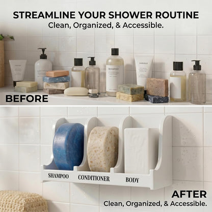 Soap Holder for Shower Wall, 3-Compartment Soap Dish for Shampoo, Conditioner and Body Soap, Fast Draining & Rust-Proof & Heavy Duty, Ultra-Strong Adhesive for Long-Term Bathroom Use & Freestanding