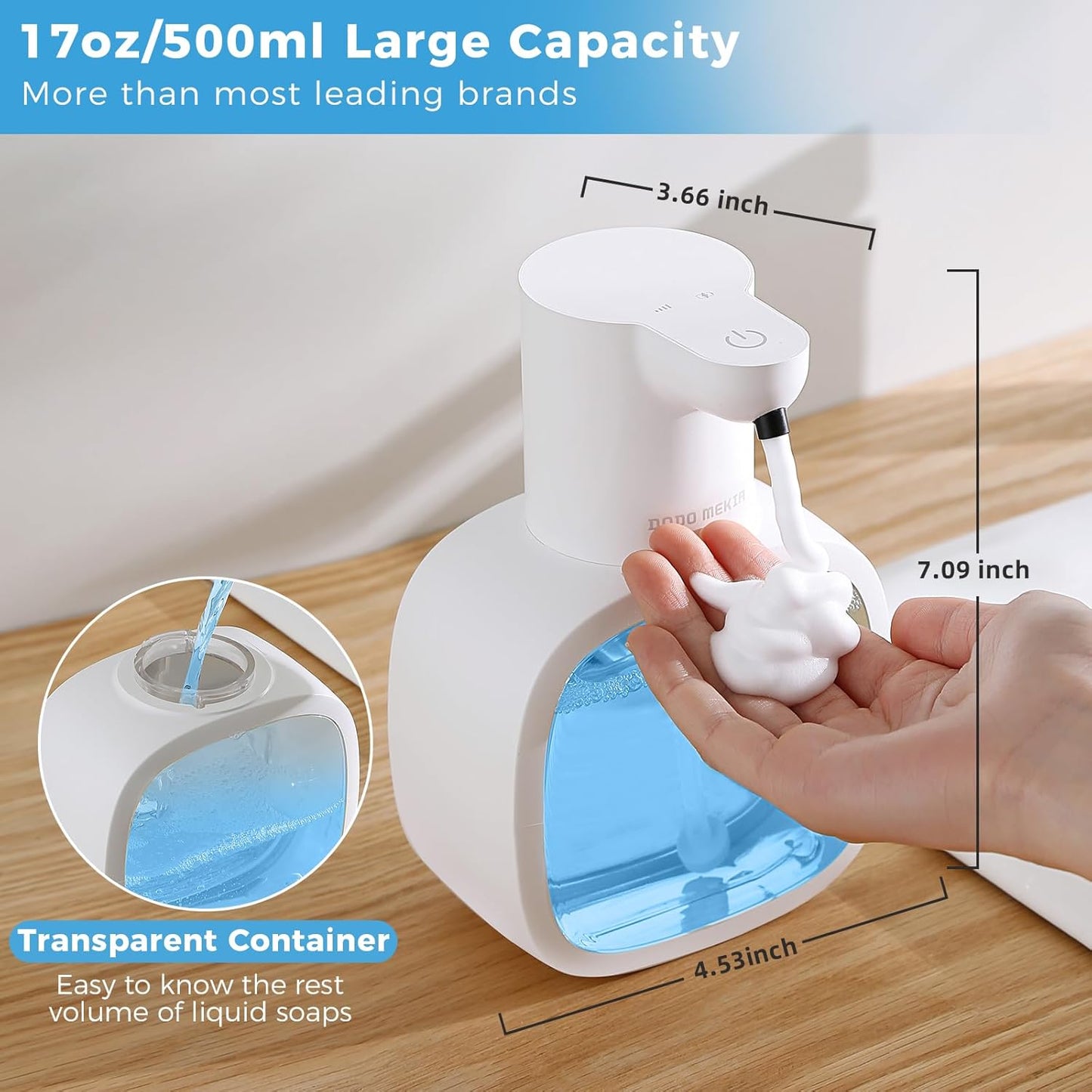 Automatic Foaming Soap Dispenser, 17oz/500ml Touchless Rechargeable with 4-Level Adjustable & IPX5 Waterproof - Level Display for Wall/Tabletop Use in Bathroom, Kitchen, Black