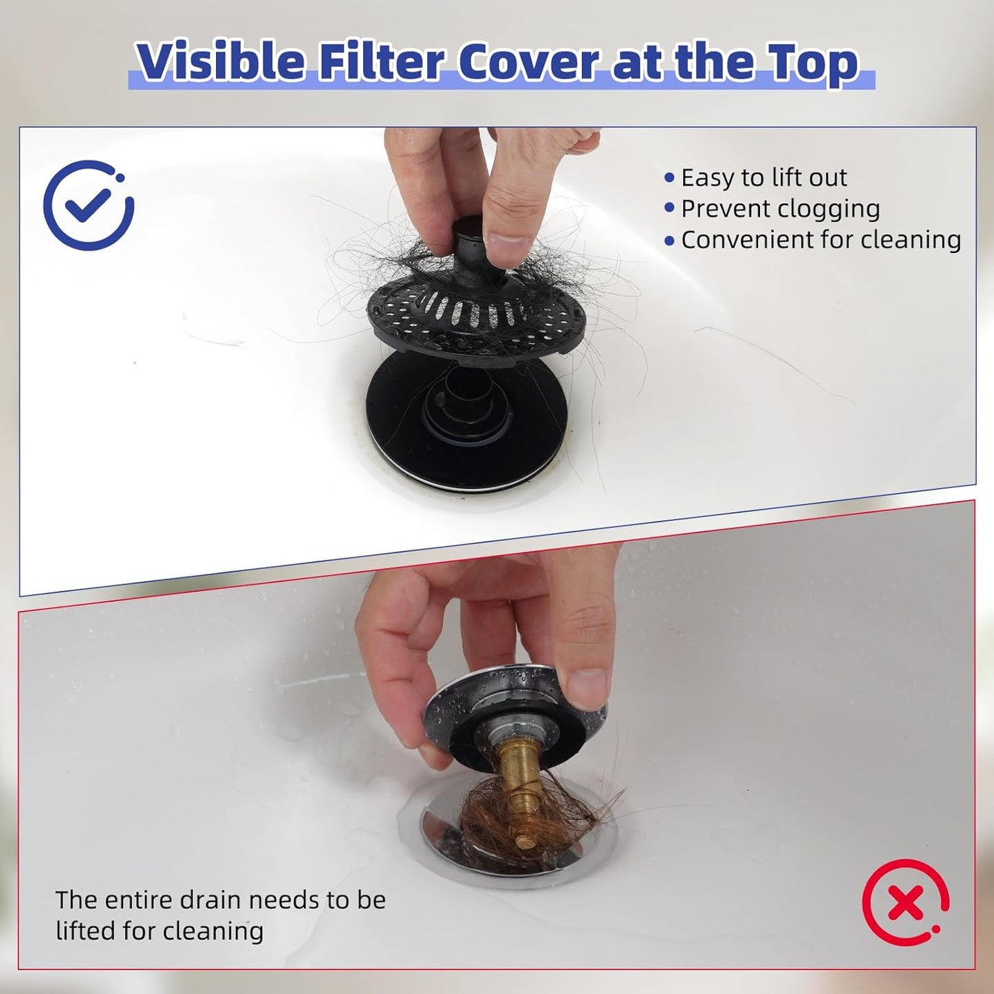 Universal Bathtub Drain Stopper Shower Drain Hair Catcher, Tub Stopper with Visible Top Strainer, Upgraded 3 in 1 Pop-up Drain Plug Fit for 1.5 to 2.4" Hole, Stainless Steel Filter Basket, Chrome