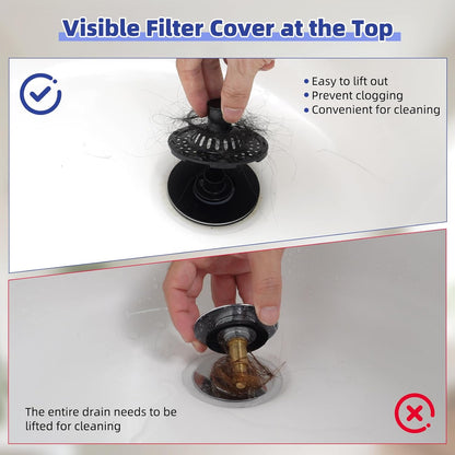 Universal Bathtub Drain Stopper Shower Drain Hair Catcher, Tub Stopper with Visible Top Strainer, Upgraded 3 in 1 Pop-up Drain Plug Fit for 1.5 to 2.4" Hole, Stainless Steel Filter Basket, Chrome
