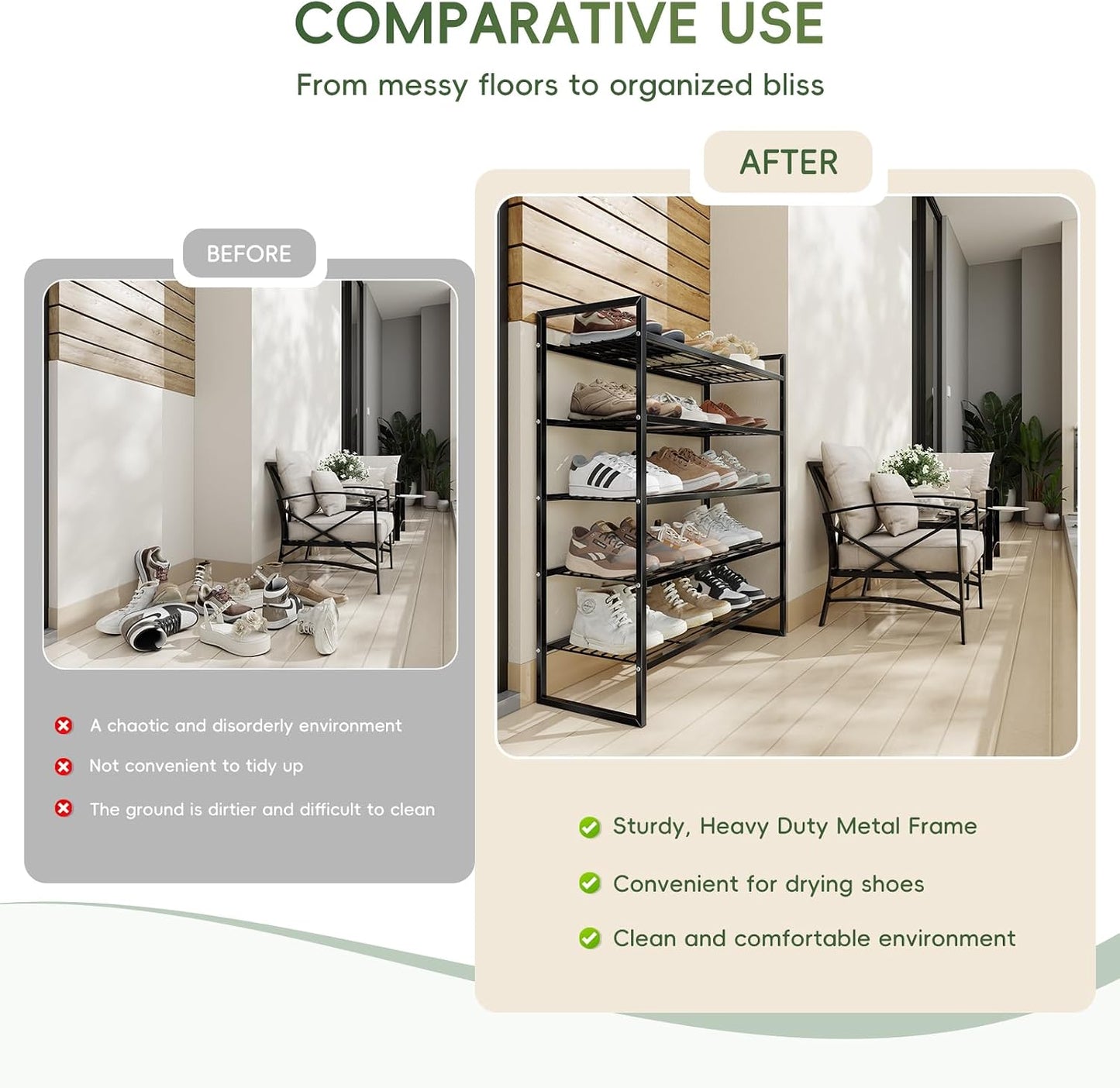 5-Tier Wide Shoe Rack, Metal Shoe Organizer for Closet, Stackable Freestanding Shoe Storage Shelf with Sturdy Wire Grid, Large Capacity Durable Shoe Rack for Entryway Bedroom, Black