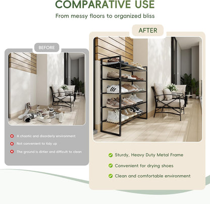 5-Tier Wide Shoe Rack, Metal Shoe Organizer for Closet, Stackable Freestanding Shoe Storage Shelf with Sturdy Wire Grid, Large Capacity Durable Shoe Rack for Entryway Bedroom, Black