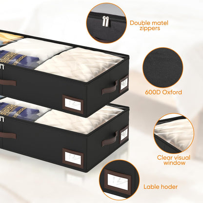 OIAHOMY 2 Pack 53L Under Bed Storage with Adjustable Dividers, 6" Low Profile Underbed Storage Bins for Comforters & Clothes, Save Closet Space with Clear View Lid & Reinforced Handles, Grey