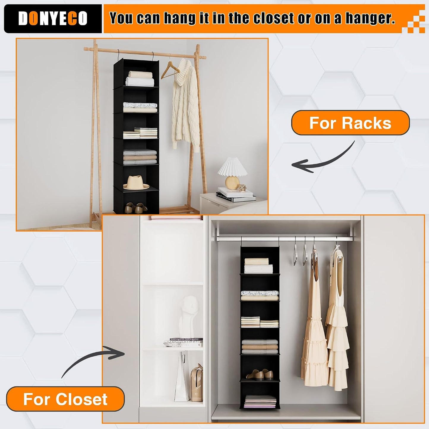 Hanging Closet Organizer 3-Shelf, Oxford Fabric Wardrobe Storage, Gray | Easy-mount foldable design holds clothes, handbags, shoes & accessories; washable Oxford fabric, sturdy and space-saving.