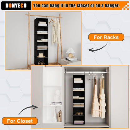 Hanging Closet Organizer 3-Shelf, Oxford Fabric Wardrobe Storage, Gray | Easy-mount foldable design holds clothes, handbags, shoes & accessories; washable Oxford fabric, sturdy and space-saving.