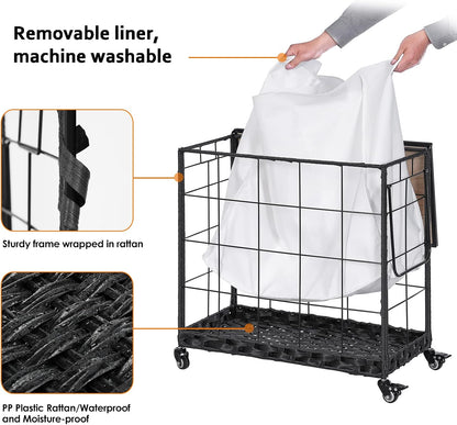 Laundry Hamper with Heavy Duty Caster Wheels; 3 Sections Clothes Hamper with Lid; 132L Laundry Basket with Removable Liner Bag; Laundry Sorter with Metal Handle (White)