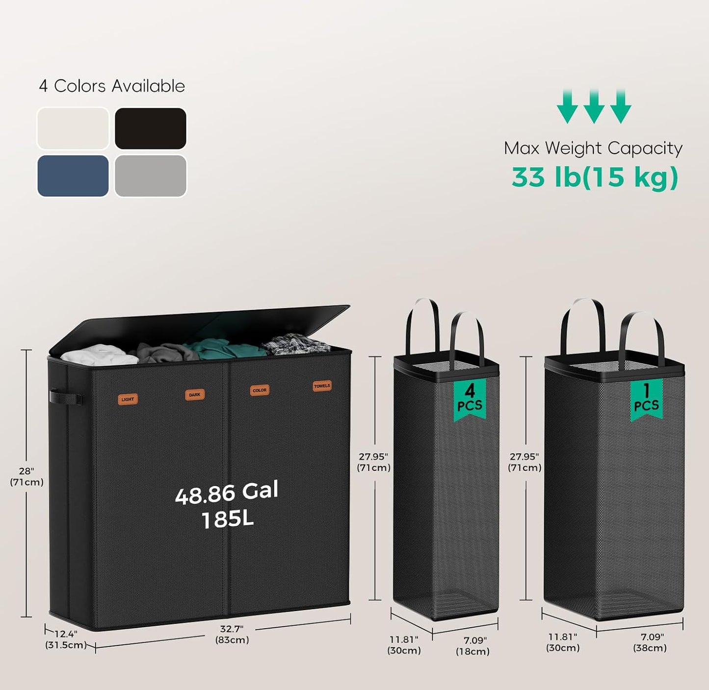 185L Laundry Hamper 3 Section with Lid & Removable Bags | Collapsible laundry basket organizer for laundry room, bedroom & dorm with 3 removable washing bags