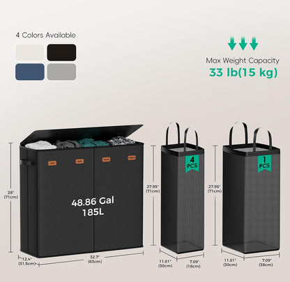 185L Laundry Hamper 3 Section with Lid & Removable Bags | Collapsible laundry basket organizer for laundry room, bedroom & dorm with 3 removable washing bags