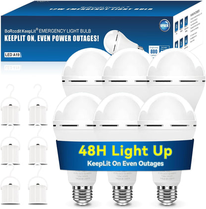 BoRccdit A21 6PK Emergency-Rechargeable-Light-Bulb, Keep Lighting During Power Outage, 12W 6500K LED 65W Equivalent Light Bulbs, 1200 mAh Battery Backup Light Bulbs for Home Power Failure