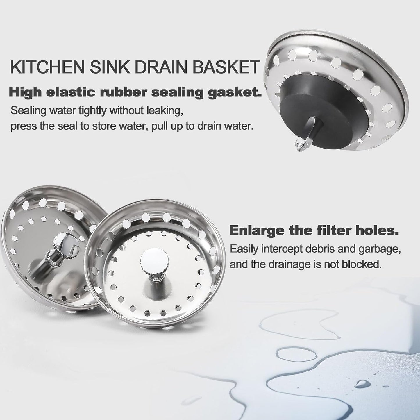 2pcs Kitchen Sink Drain Basket, 3 1/4 '' 304 Stainless Steel Drainage Filtration Basket with Handle for Kitchen Sink Strainer Replacement