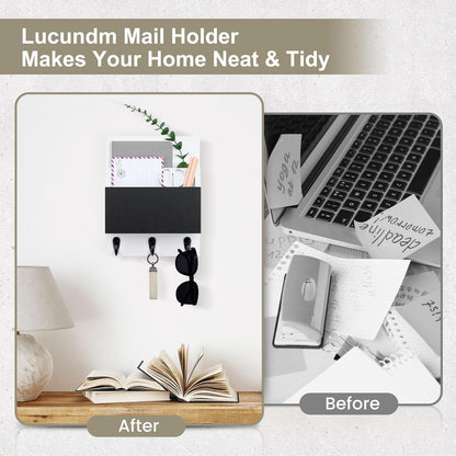 Key and Mail Holder for Wall Mount, Entryway Mail Holder with 2 Slot, Key Holder with 3 Sturdy Hooks for Coat, Dog Leash, Decorative Key Rack (8.86”W x 11.42”H x 3”D) (Black)