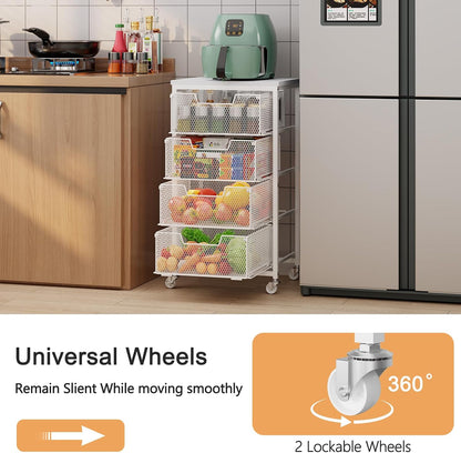 4 Tier Kitchen Rolling Cart, Kitchen Storage Cart with Wheels, Adjust Pantry Organizer and Storage Cart with Drawer, Fruit Vegetable Spice Storage Cart, Wooden Top Metal Kitchen Organizer Rack Stand